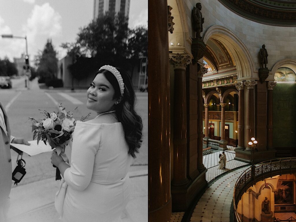 2 photos side by side, the left is a black and white photo of a bride smiling over her shoulder at the camera, the right is a photo of the bride and groom dancing in the Illinois Capitol Building