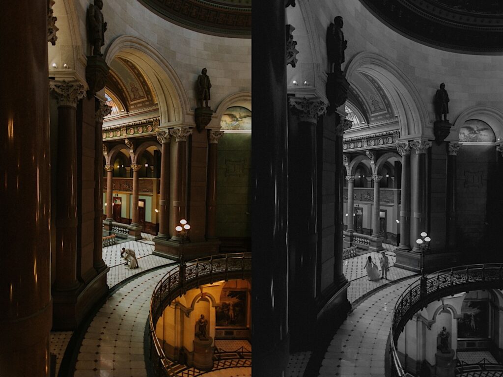2 photos side by side of a bride and groom in the Illinois Capitol Building, in the left they are kissing while the right photo is in black and white and is of the two standing side by side