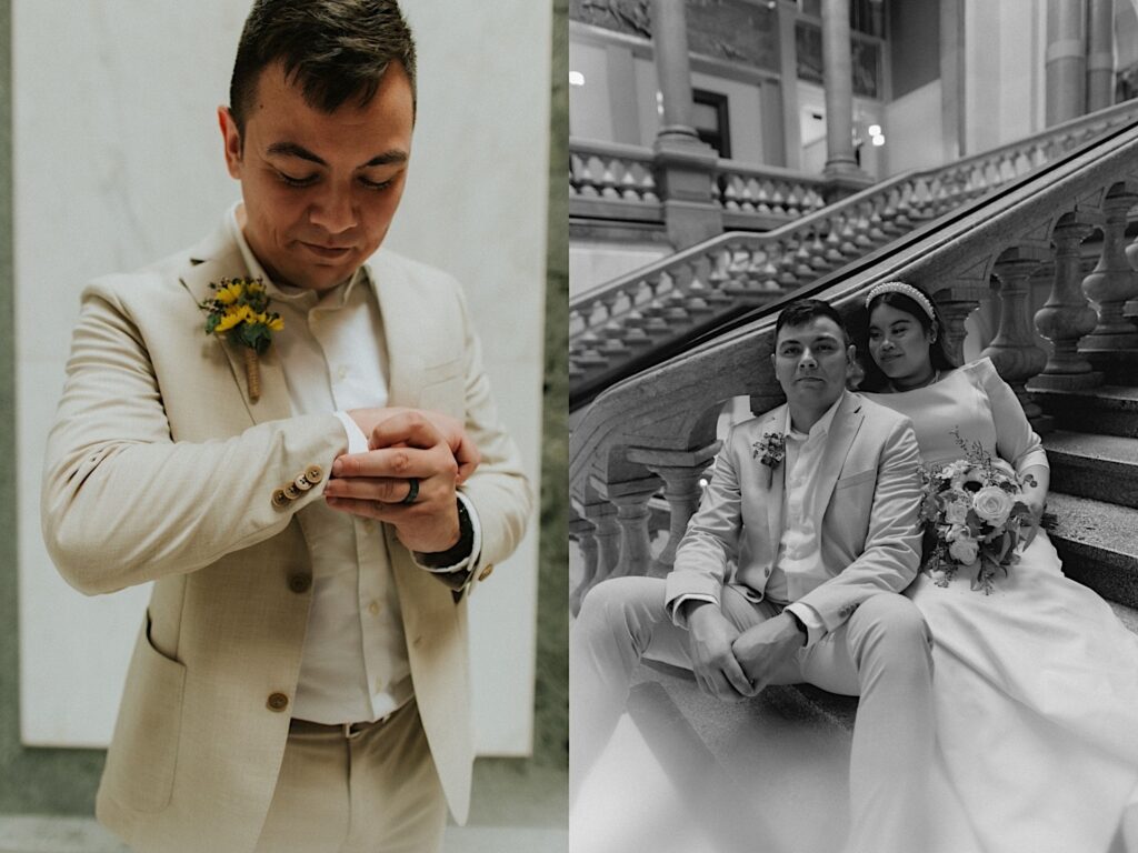 2 photos side by side, the left is of a groom adjusting the cufflinks on his suit, the right is a black and white photo of the bride and groom sitting on a marble staircase
