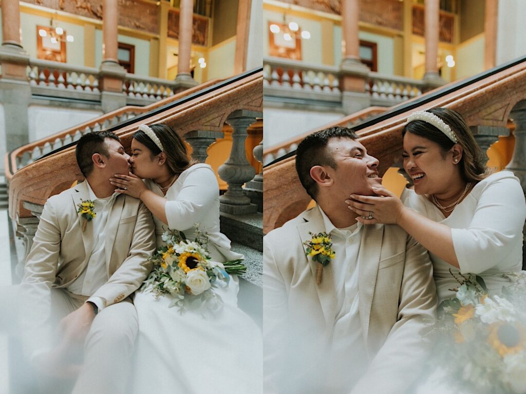 2 photos side by side of a bride and groom sitting on a staircase inside the Illinois Capitol Building, in the left they are kissing and in the right they are laughing at one another