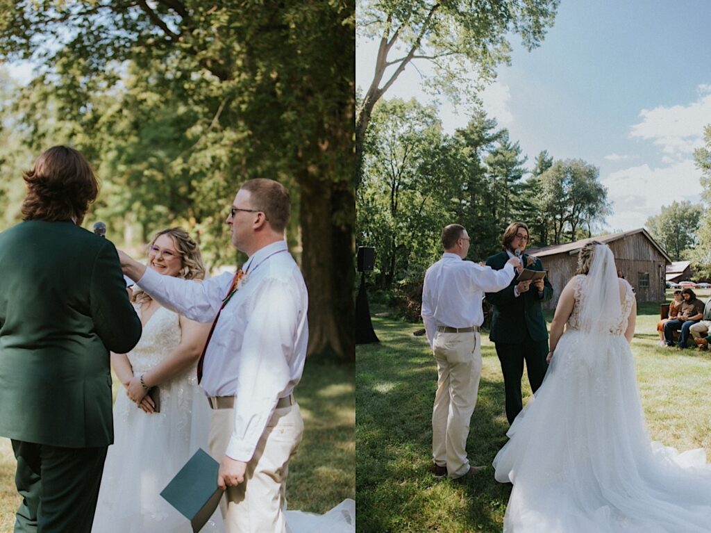 2 photos side by side, the left is of a bride smiling while the officiant holds the microphone in front of the groom, the right is of the same moment but with the groom's face in frame