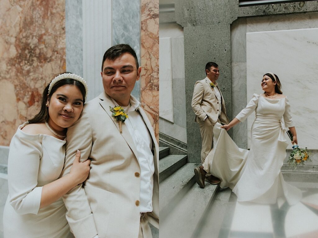 2 photos side by side of a bride and groom inside the Illinois Capitol Building, in the left the bride hugs the groom from behind while they smile and in the right they stand together on a staircase