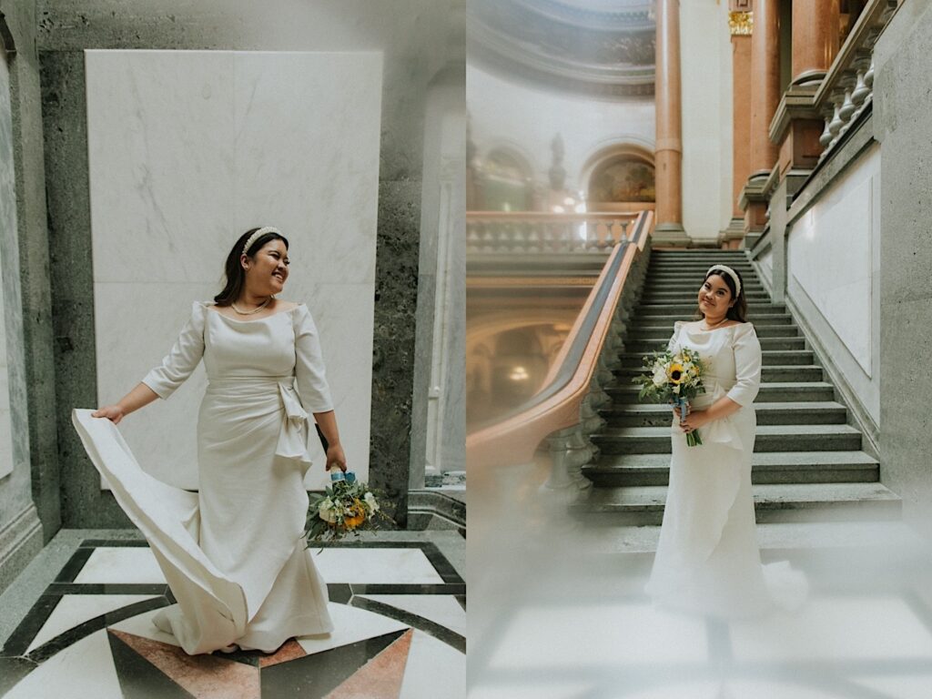 2 photos side by side of a bride inside the Illinois Capitol Building, in the left she is dancing in her dress while in the right she stands on a staircase