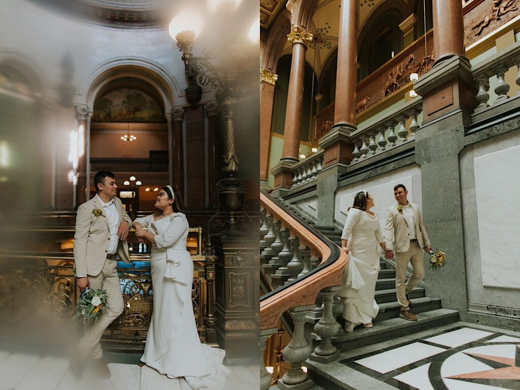 2 photos side by side of a bride and groom inside the Illinois Capitol Building, in the left they lean against a railing in the main room while in the right they walk down a staircase together