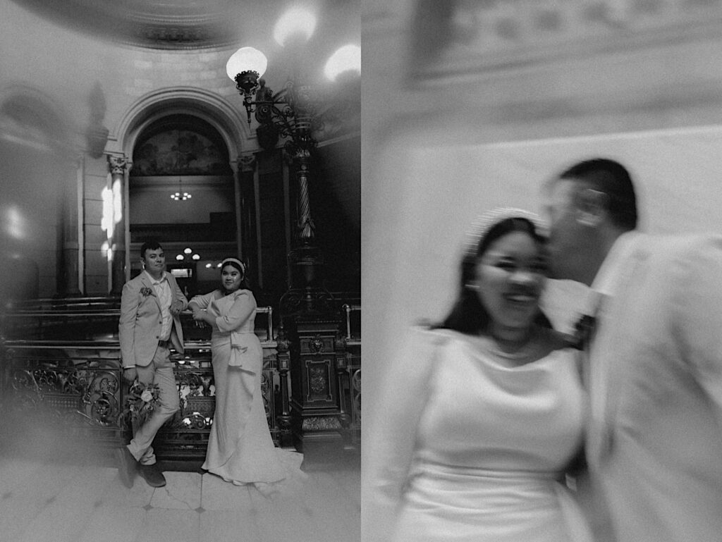 2 black and white photos side by side of a bride and groom, in the left they are leaning together against a railing in the Illinois Capitol Building, the right is a blurry photo of the two laughing