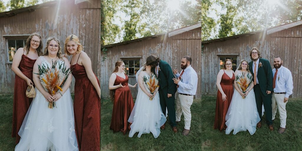 3 photos side by side, the left is of a bride smiling with her 2 bridesmaids, the middle is of the bride and groom kissing in between the maid of honor and best man, the right is a portrait photo of the 4 from the middle photo all smiling at the camera