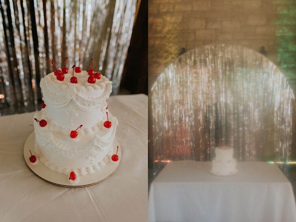 2 photos side by side, the left is a detail photo of a white cake with cherries on it, the right is a photo of the table the cake is on with sparkly décor around it