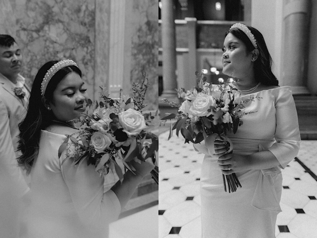 2 black and white photos side by side of a bride inside the Illinois Capitol Building, in the left she is smelling her flower bouquet and in the right she is holding the bouquet while looking to the left