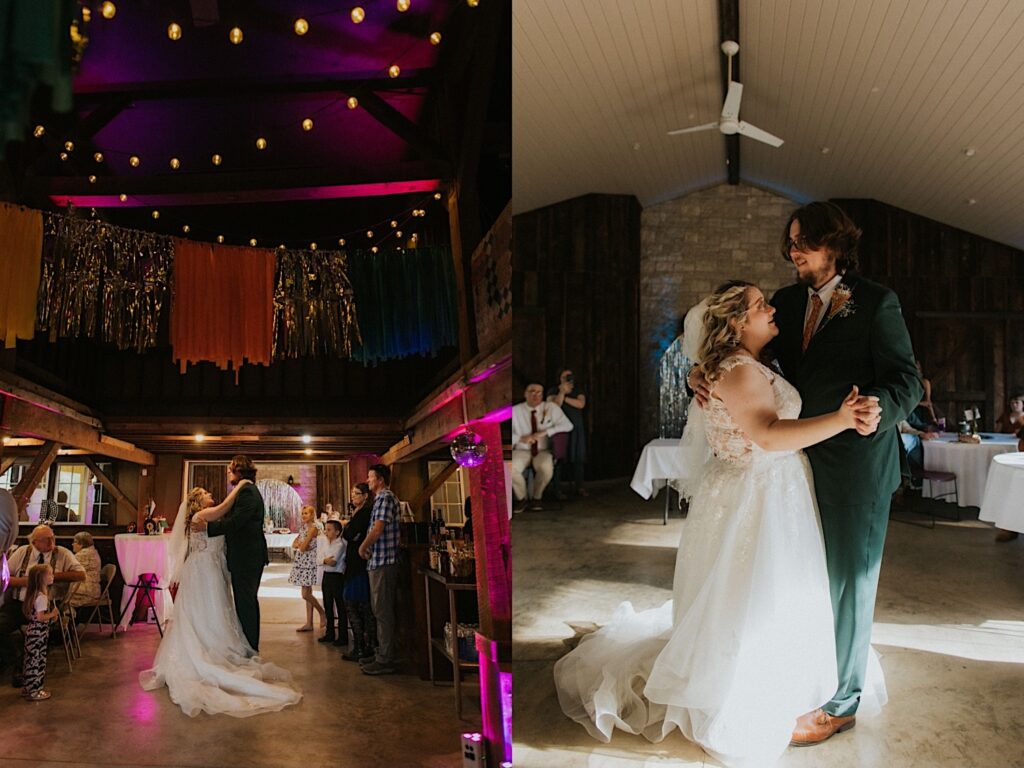 2 photos side by side of a bride and groom sharing their first dance during their indoor wedding reception