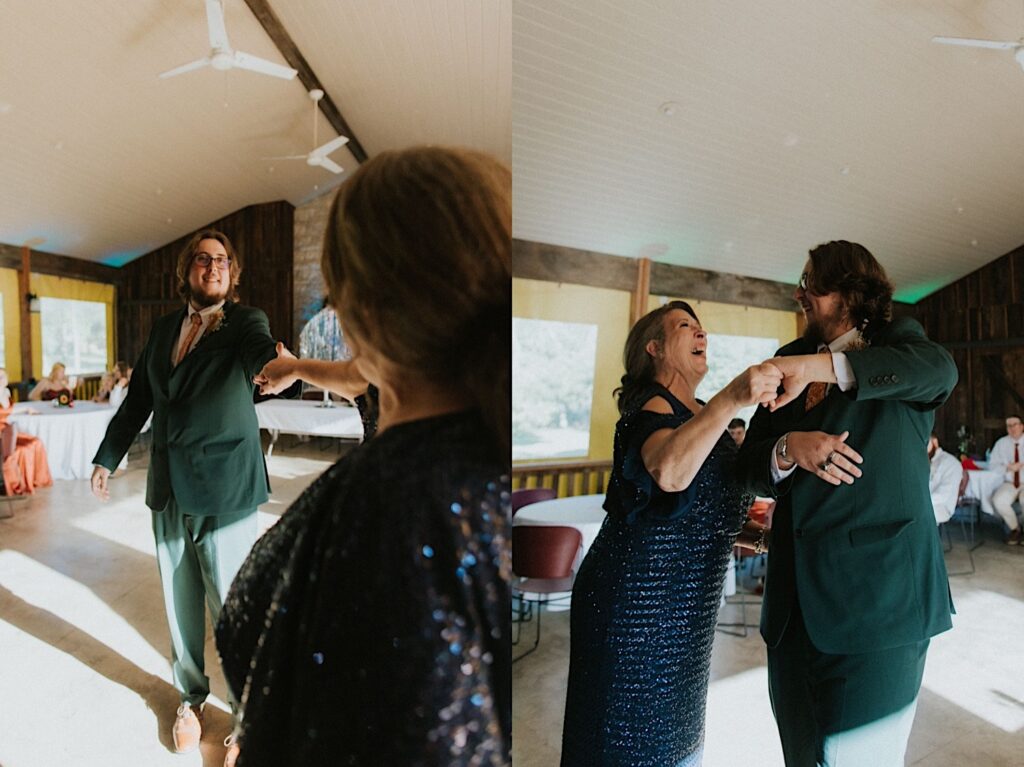 2 photos side by side of a groom dancing with his mother during his indoor wedding reception