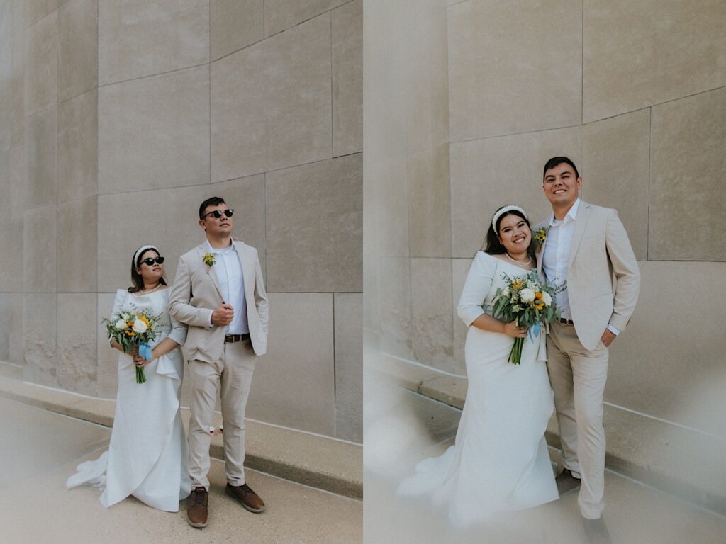 2 photos side by side of a bride and groom in front of a large marble wall, in the left they are wearing sunglasses and in the right they are smiling at the camera