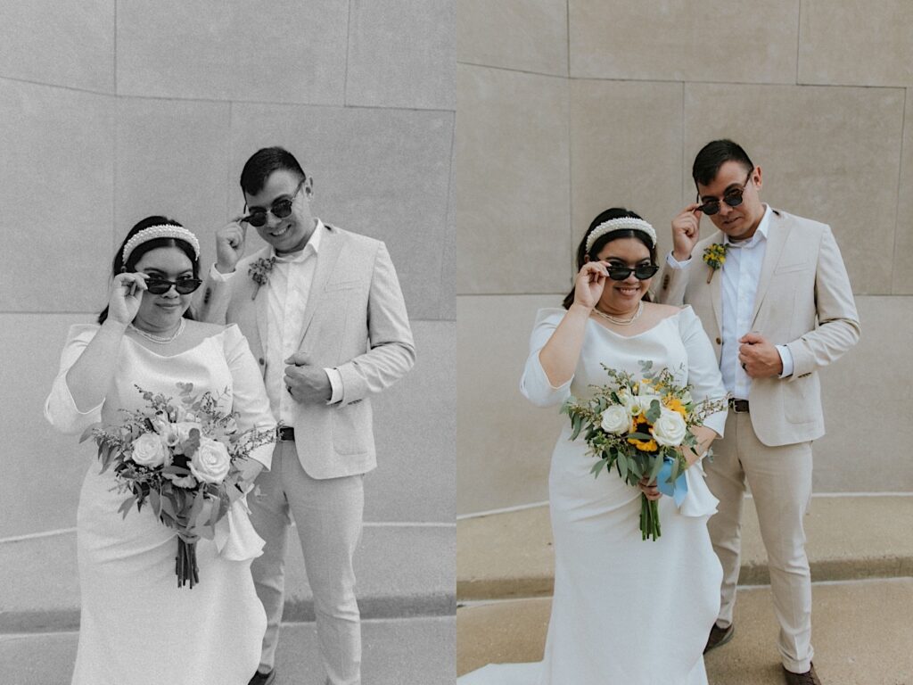 2 photos side by side of a bride and groom wearing sunglasses and pulling them down to peek at the camera, the left photo is black and white while the right is in color