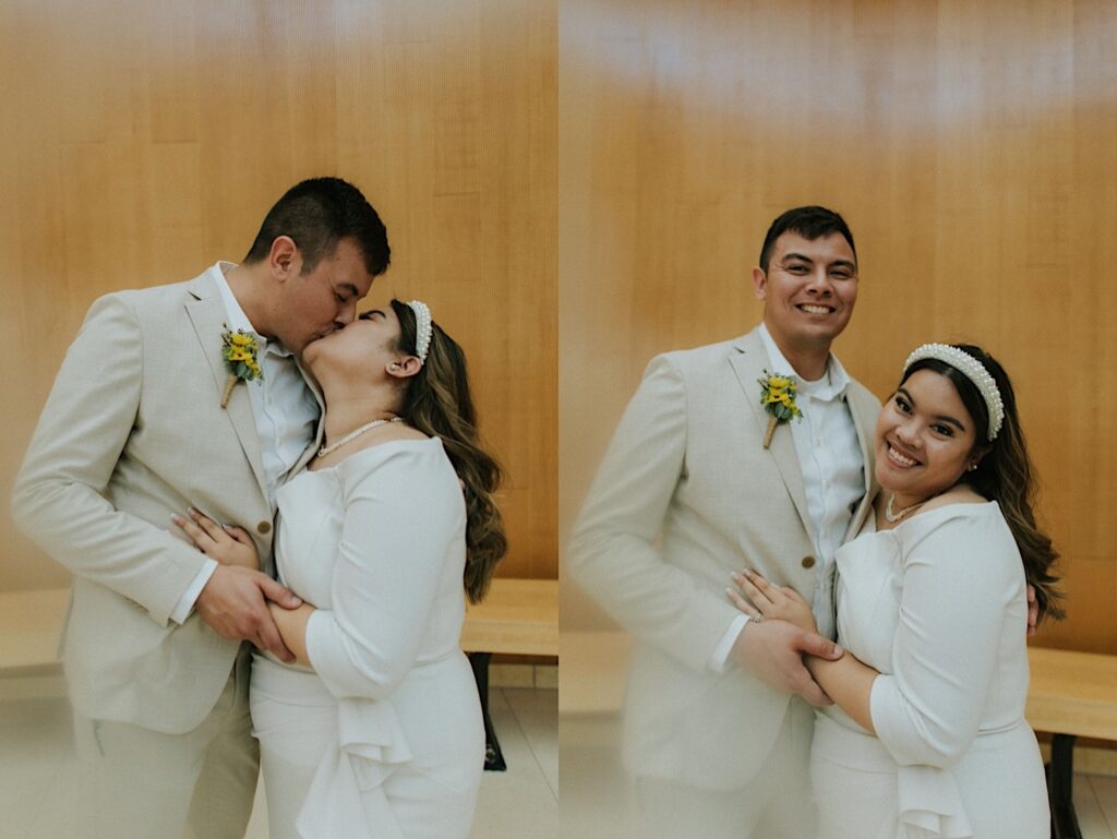 2 photos side by side of a bride and groom, the left photo is of them kissing while the right is of them smiling at the camera while holding one another
