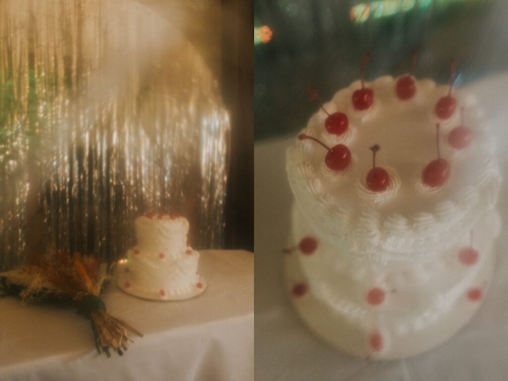 2 photos side by side, the left is of a bouquet sitting on a table next to the wedding cake, the right is a close up photo of the cake