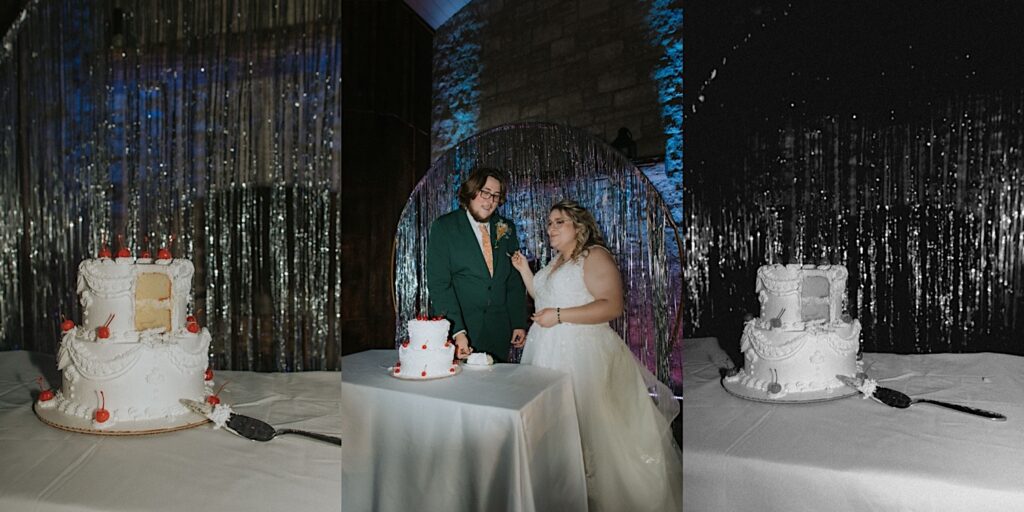3 photos side by side, the left is a photo of the wedding cake with a piece cut out of it, the middle is of the bride and groom next to the cake eating that piece, the right is a black and white photo of the cake