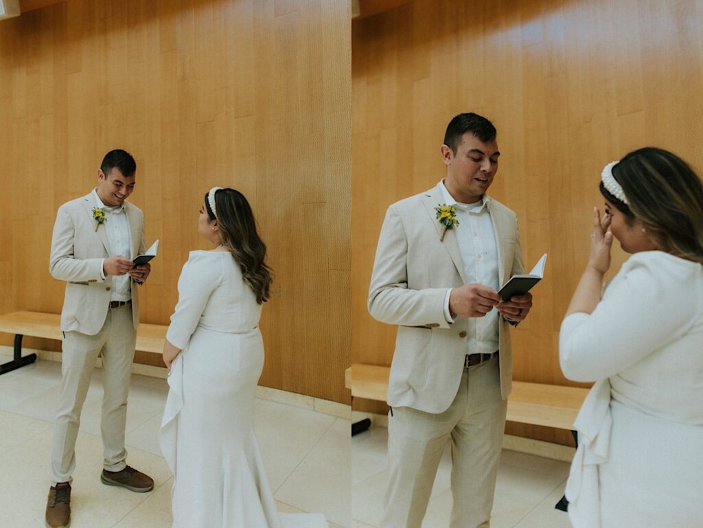 2 photos side by side of a groom reading his private vows to the bride, in the right photo the bride is wiping a tear from her eye