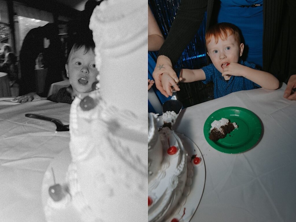 2 photos side by side of a young child during a wedding reception, the left is a black and white photo of him looking at a cake, the right is of him smiling while eating the cake