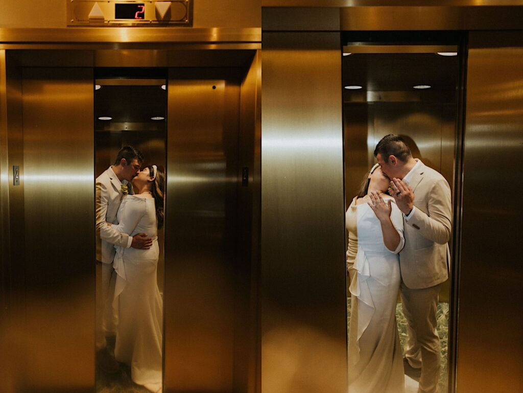 2 photos side by side of a bride and groom in the elevator kissing as the doors close, in the left photo they are hugging one another while in the right they are showing off their wedding rings