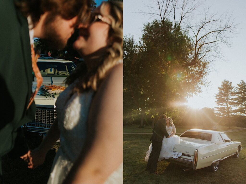 2 photos side by side of a bride and groom with a classic car, the left photo is of them kissing with the car in the background, the right is of them kissing while the bride sits on the trunk of the car