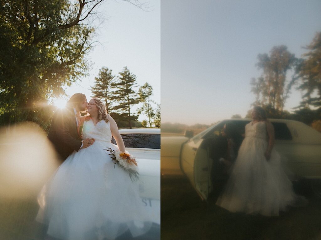 2 photos side by side, the left is of a bride and groom kissing while sitting on the back of a classic car, the right is of the groom sitting in the car as the bride stands at his side