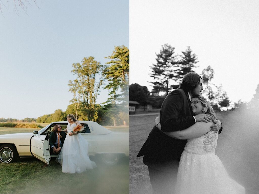 2 photos side by side, the left is of a groom sitting in a classic car as the bride stands at his side, the right is a black and white photo of them hugging while in a field