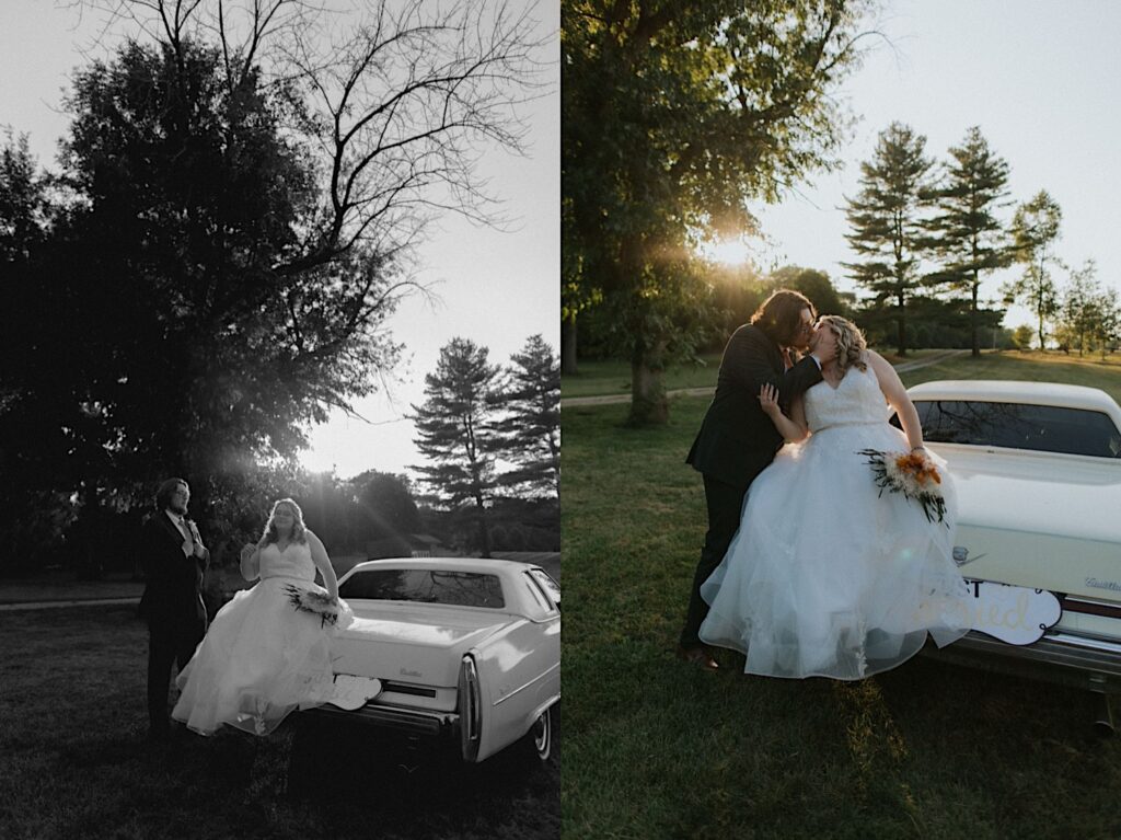 2 photos side by side of a bride sitting on the trunk of a classic car while the groom stands at her side, the left is a black and white photo and the right is in color, the groom is also kissing the bride in the right photo