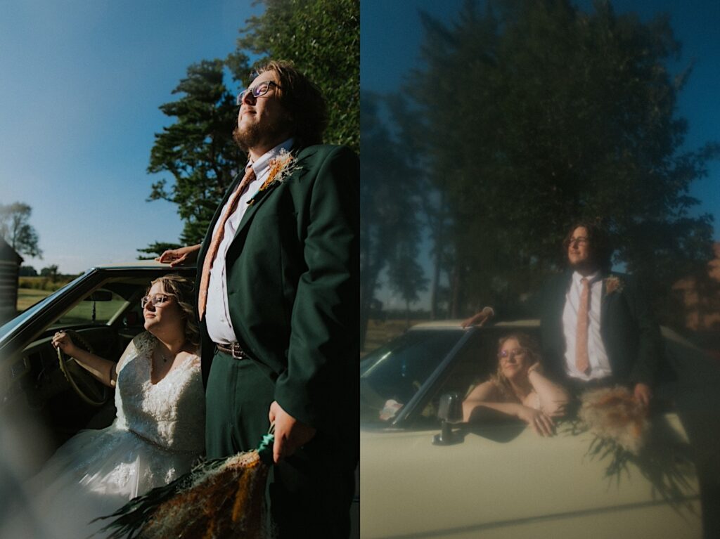2 photos side by side of a bride and groom posing with a classic car on their wedding day, the bride is sitting in the driver's seat while the groom stands at her side
