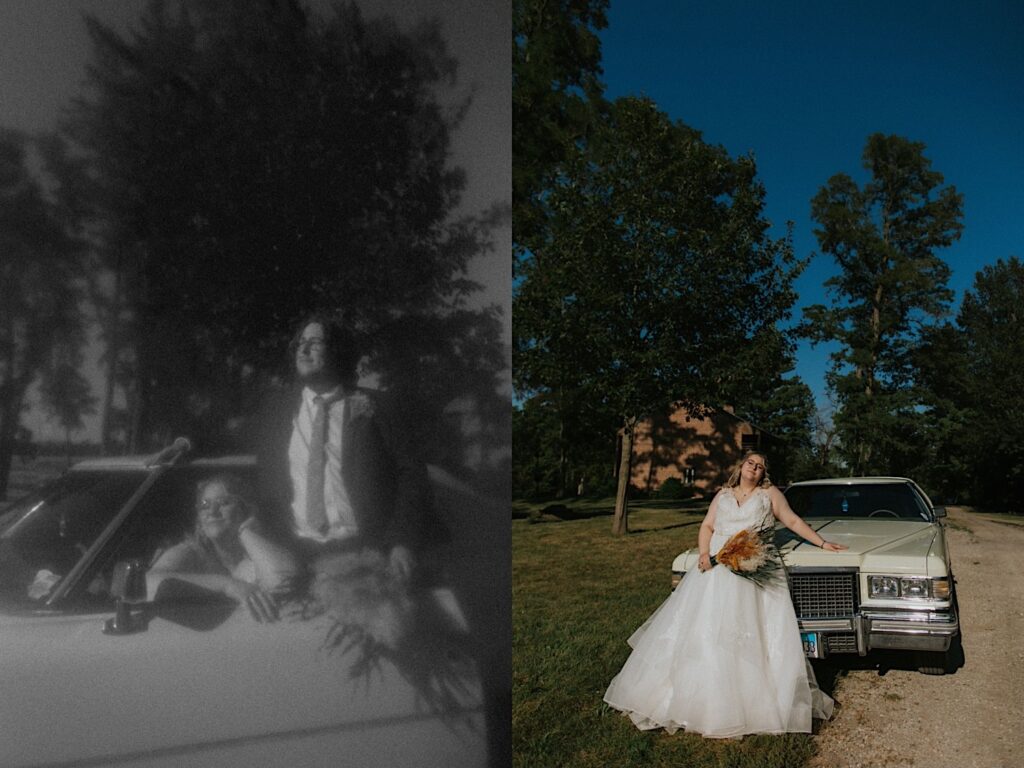 2 photos side by side, the left is a black and white photo of a bride and groom posing with a classic car, the right is of the bride by herself standing in front of the car