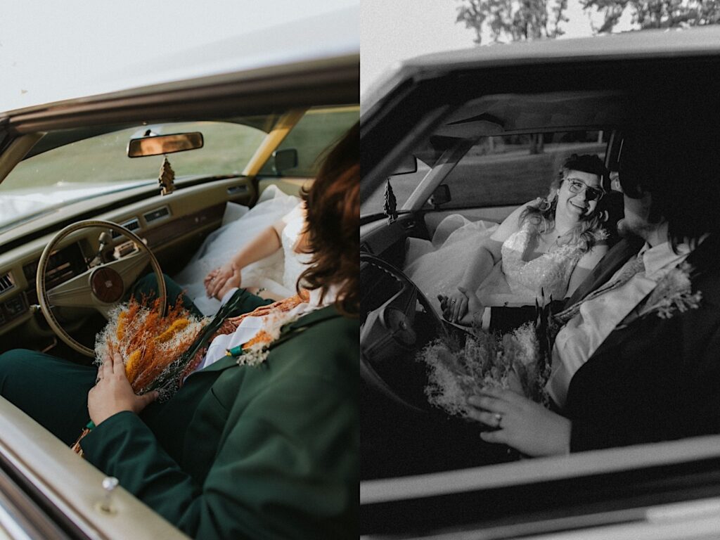 2 photos side by side of a bride and groom sitting together in a classic car, the left is in color while the right is a black and white photo