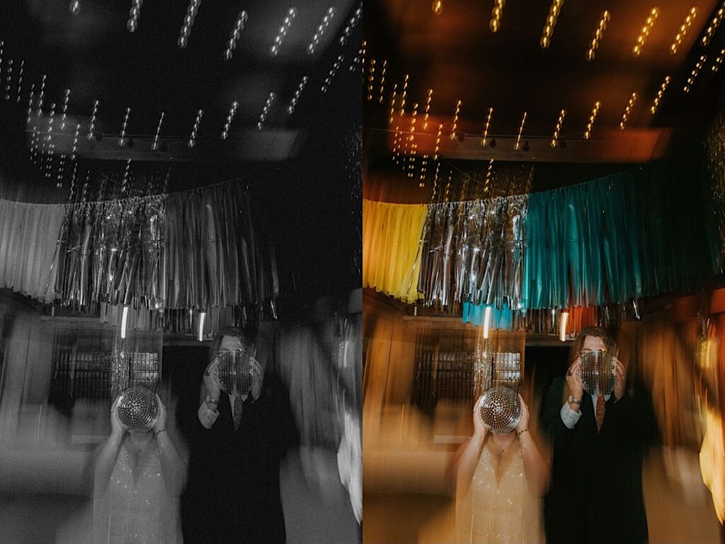 Two photos side by side of a bride and groom holding disco balls in front of their faces while light distorts around them during their indoor wedding reception, the left photo is in black and white