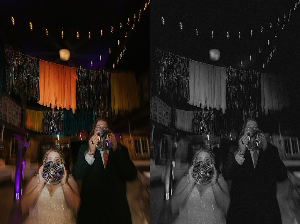 Two photos side by side of a bride and groom holding disco balls in front of their faces while light distorts around them during their indoor wedding reception, the right photo is in black and white