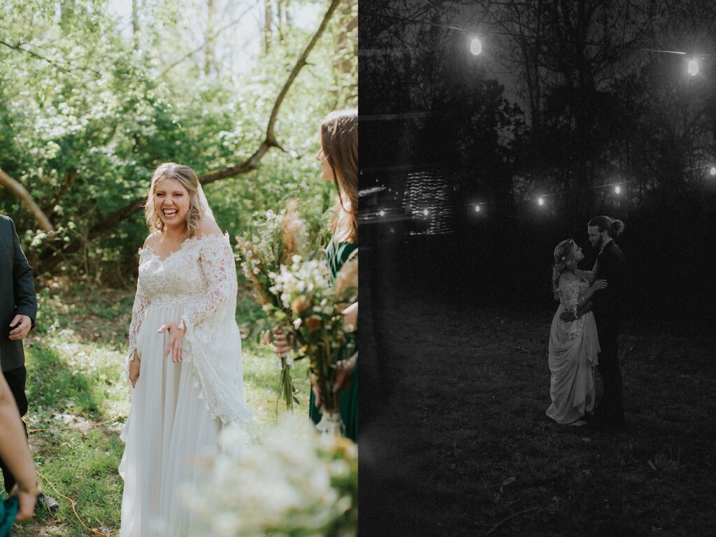 2 photos side by side, the left is of a bride laughing in the woods with her wedding party at her side, the right is a black and white photo of the bride and groom dancing at night under string lights 