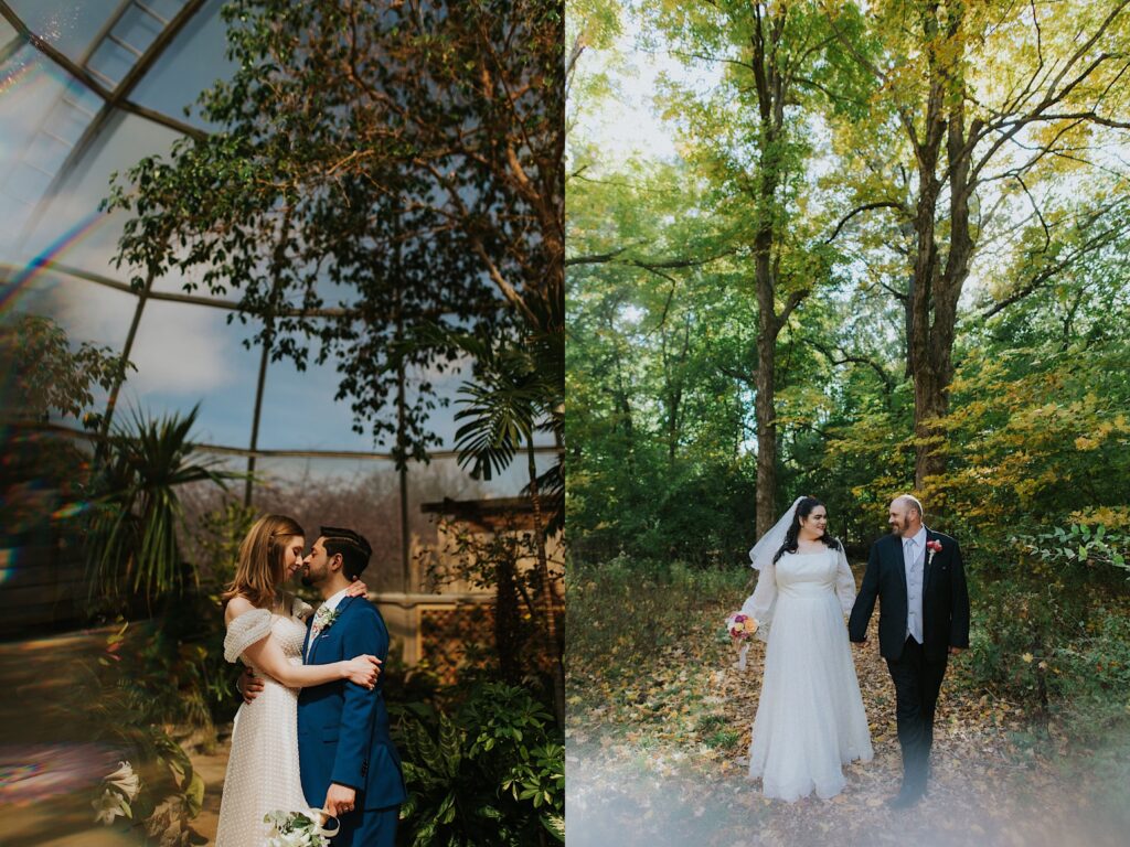2 photos side by side, the left is of a bride and groom about to kiss one another while hugging in a greenhouse, the right is of another bride and groom walking hand in hand in a forest while smiling at one another