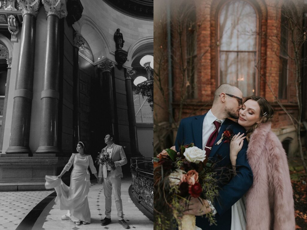 2 photos side by side, the left is of a bride and groom standing together in a marble room, the right is of a bride and groom standing outside of a brick building as the groom kisses the bride on the cheek