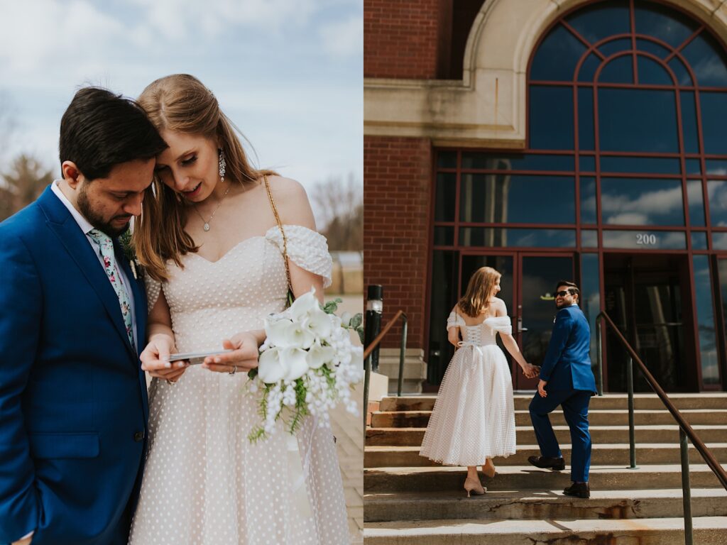 2 photos side by side of a bride and groom, the left is of them looking at polaroid photos together, the right is of them walking up a staircase together