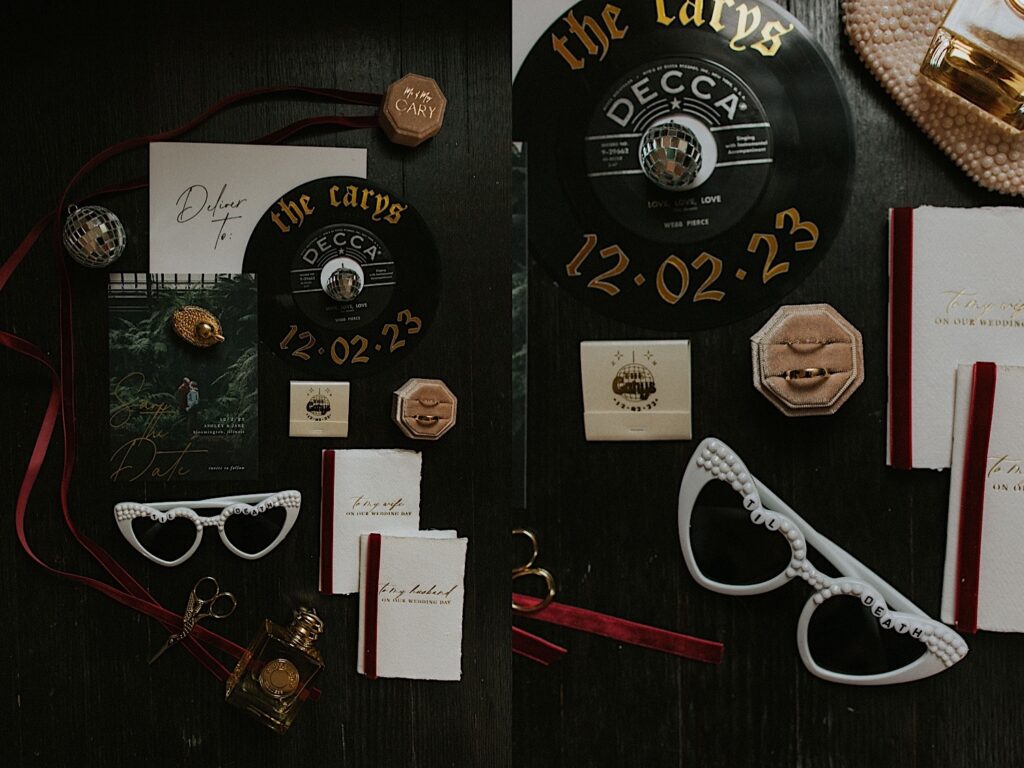 2 photos side by side of a wedding day flatlay consisting of sunglasses, wedding rings, invitations, perfume, and more