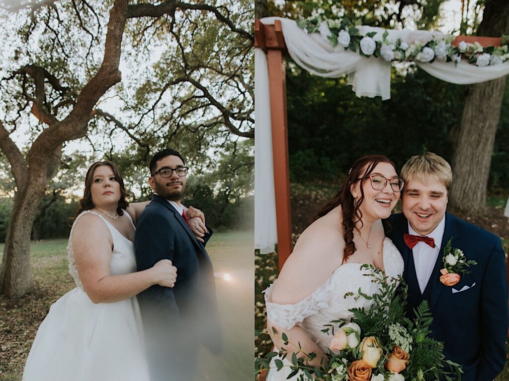 2 photos side by side of two separate couples on their wedding day while outside, the left couple is posing together under a tree while the right couple is smiling under their ceremony archway