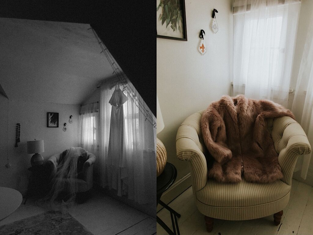 2 photos side by side, the left is a black and white photo of a chair sitting in front of a window with a wedding dress hanging in the window, the right is a close up of a coat on the chair