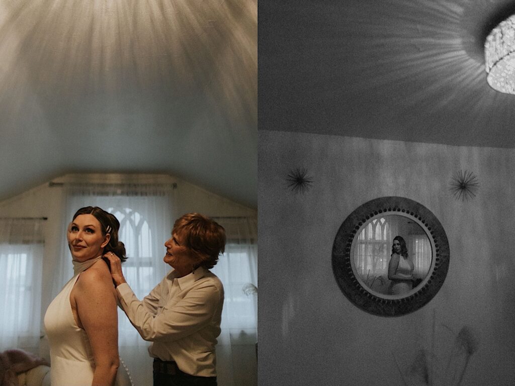 2 photos side by side, the left is of a bride smiling as her mother helps put on her wedding dress, the right is a black and white photo of the bride in a mirror