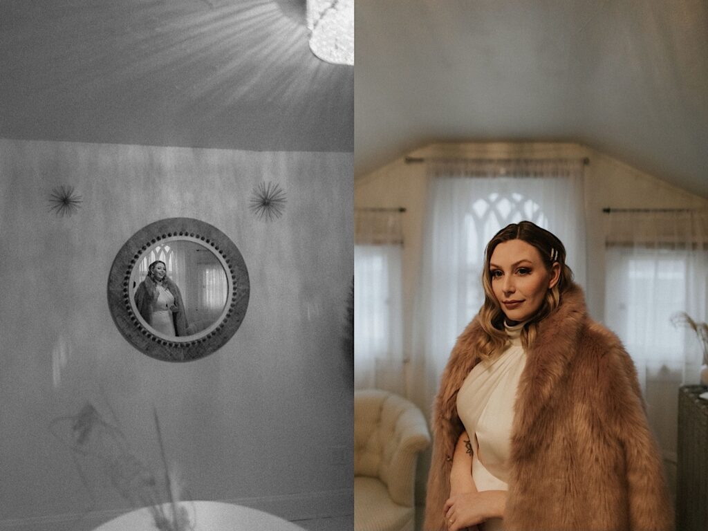 2 photos side by side, the left is a black and white photo of a bride in a small mirror, the right is a portrait photo of the bride in her wedding dress with a fur coat on her shoulders
