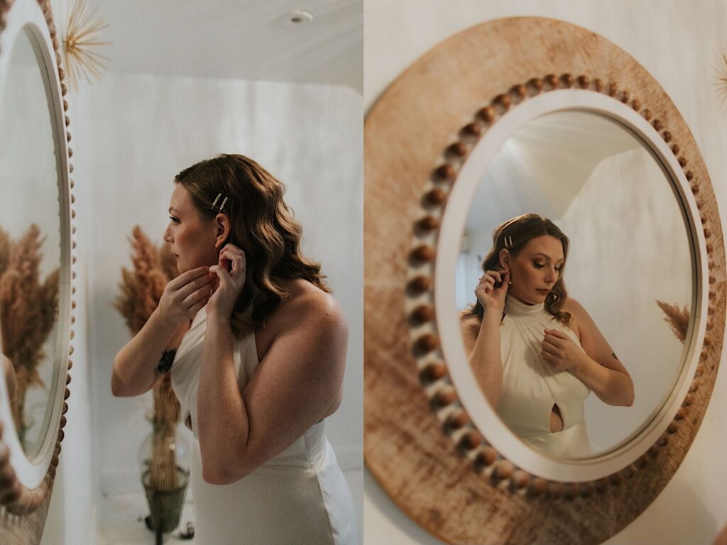 2 photos side by side of a bride putting her earrings on while lookin in the mirror, the left is a side portrait while the right is a photo of the bride in the mirror