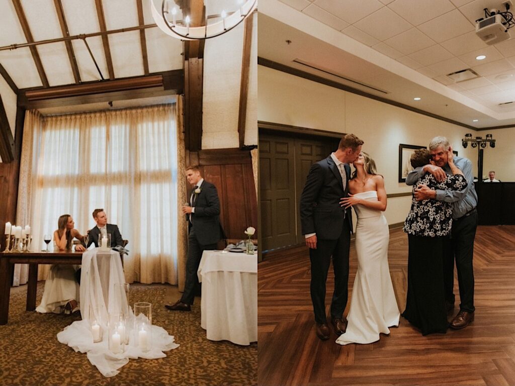 2 photos side by side of a bride and groom on their wedding day, in the left they are seated at their sweetheart table as a guest speaks, in the right they kiss while standing next to their grandparents