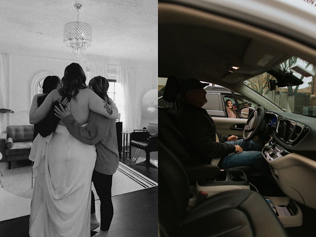 2 photos side by side, the left is a black and white photo of a bride being hugged in a living room, the right is of the bride in the passenger seat of a car while the photo is taken from the car beside her
