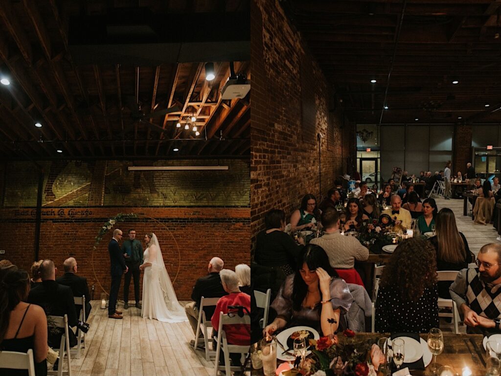 2 photos side by side of a wedding reception at Reality on Monroe, in the left a bride and groom stand facing one another during their ceremony, in the right guests sit together and eat