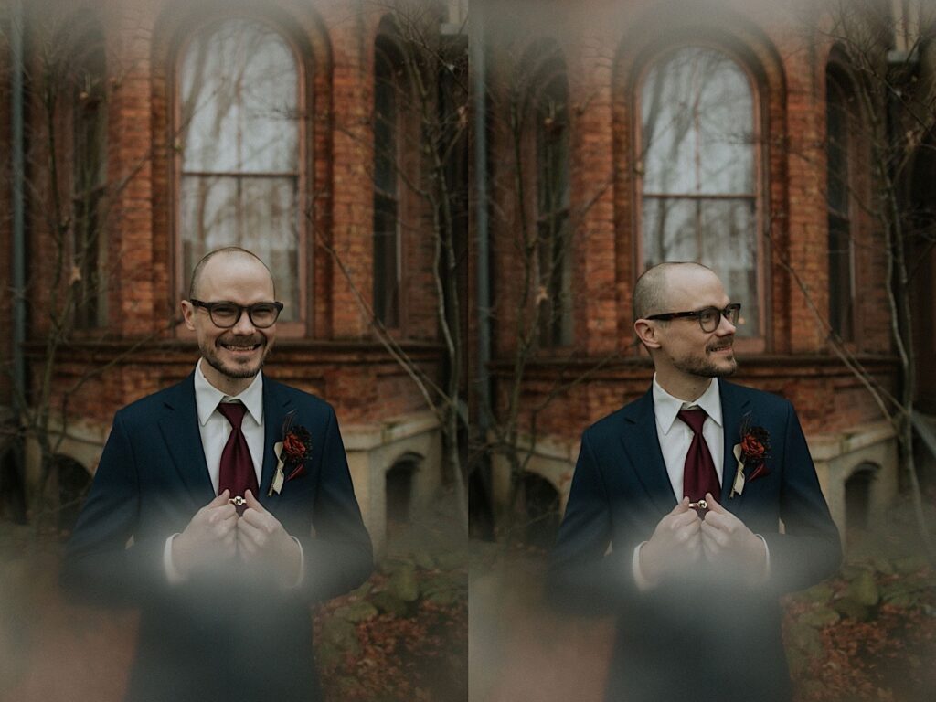 2 portrait photos side by side of a groom outside of the Vrooman Mansion. The left photo is of him smiling at the camera and the right is of him smiling while looking to the right