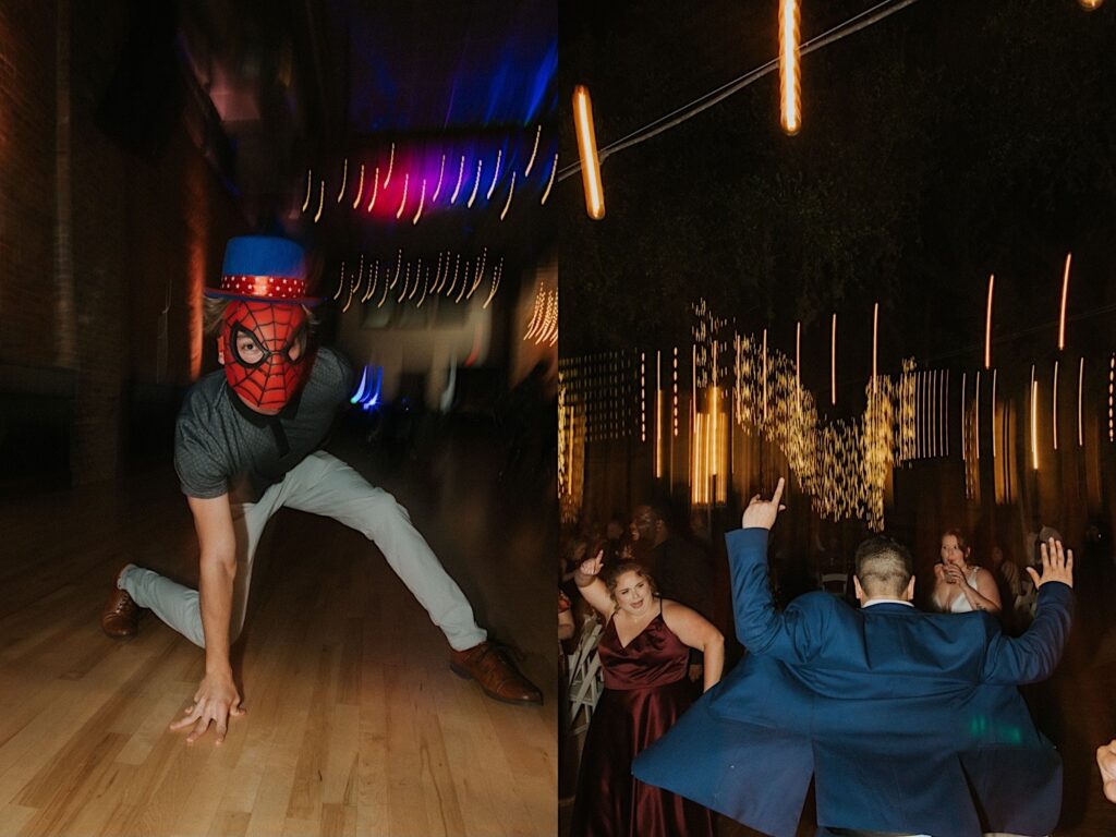 2 photos side by side of an indoor wedding reception, the left is of a man with a Spiderman mask on dancing, the right is of other guests dancing