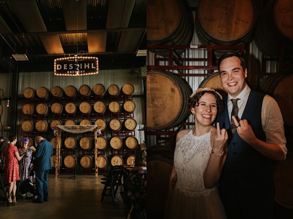 2 photos side by side of a wedding at the Destihl Brewery, the left is of the ceremony space in front of a wall of barrels, the right is of the bride and groom smiling at the camera