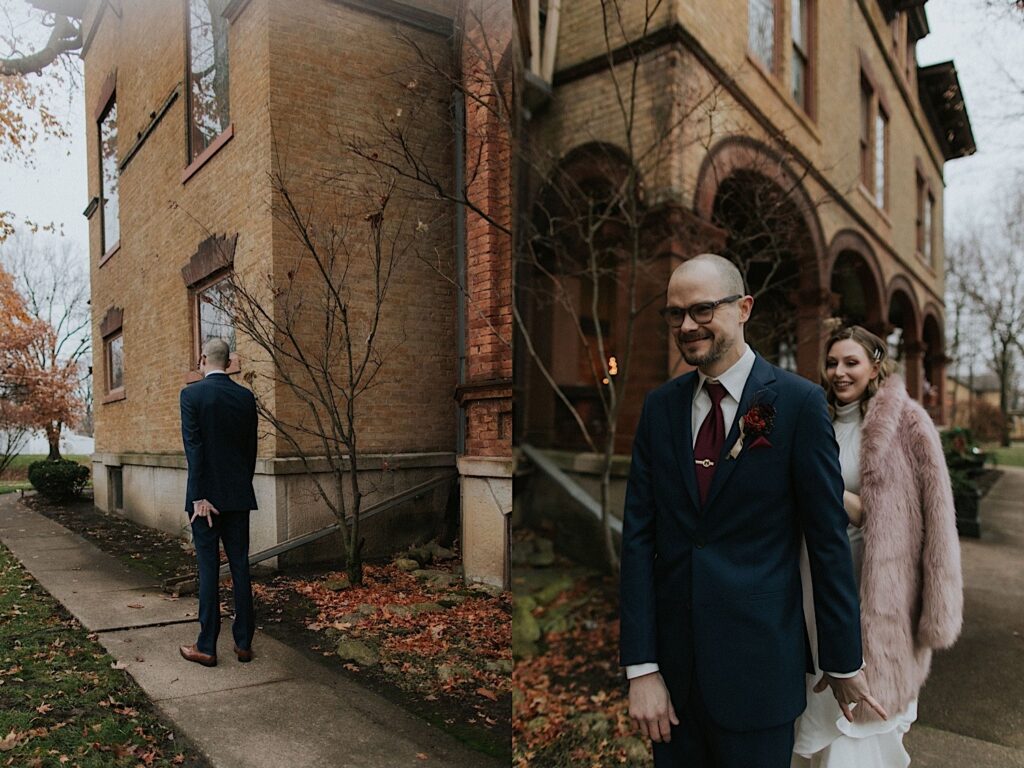 2 photos side by side, the left is of a groom standing outside the Vrooman Mansion with his back to the camera, the right is of the bride coming up behind him for their first look