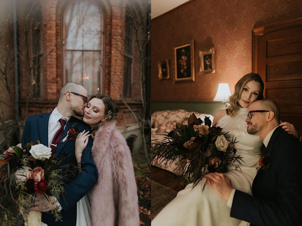 2 photos side by side of a bride and groom at the Vrooman Mansion. In the left they are outside the mansion and the groom is kissing the bride, in the right they are sitting next to one another inside