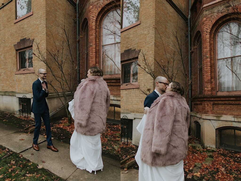 2 photos side by side of a bride and groom outside of Vrooman Mansion, in the left the groom reacts seeing the bride for the first time, in the right they kiss one another